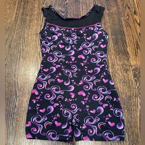 Size 6/6x Danskin Black and Purple Heart Swirl Gymnastics Unitard